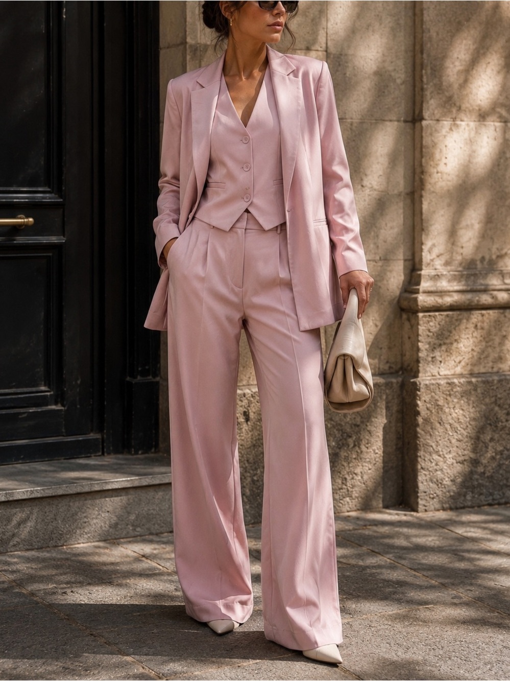 3-Piece Blush Pink Suit Set Blazer Vest Wide Leg Pants Size 42